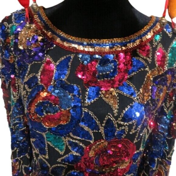 Oleg Cassini Black Tie Stunning Intricate Hand Beaded Sequined Gown Vintage - Picture 3 of 10